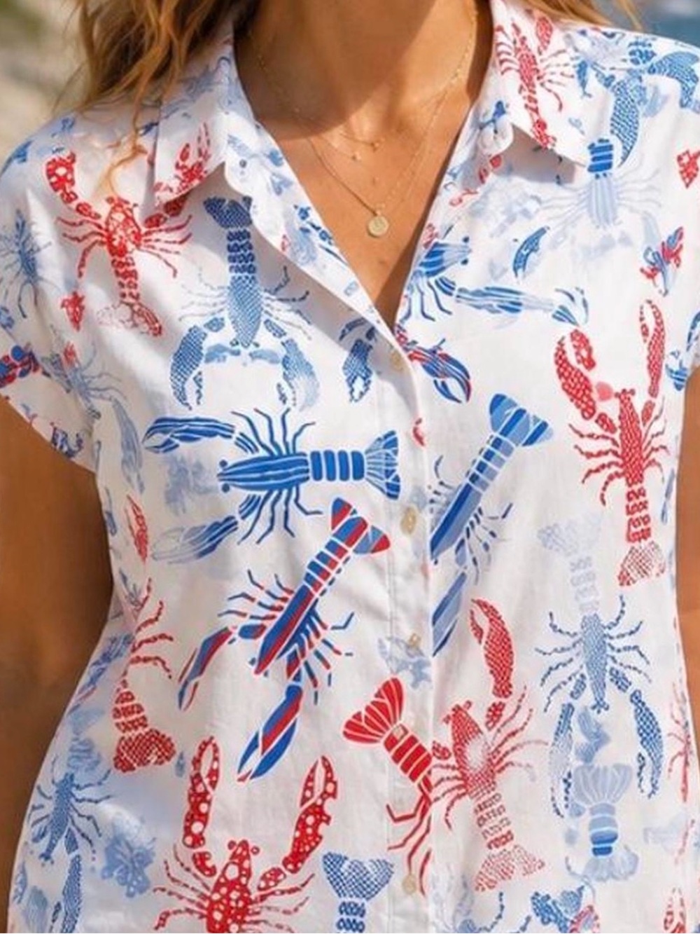 Jane + Delancey Shirt Womens L Lobster Print Button Down Coastal Rayon Patriotic
